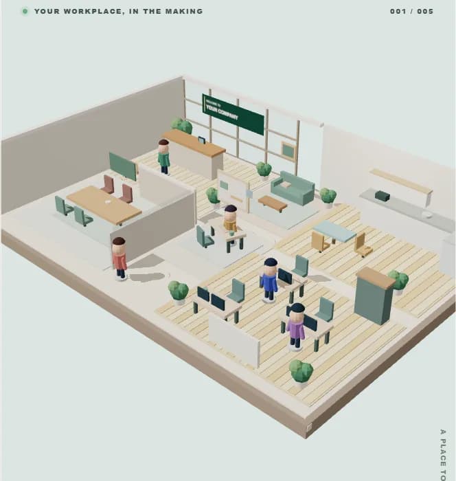 A miniature office with five coworkers and spaces for working together
